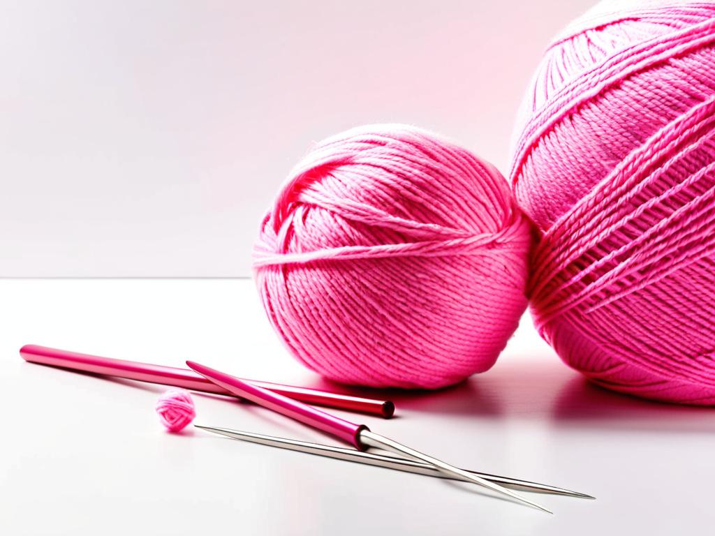 Розовые спицы для вязания и клубок розовой пряжи на белом фоне
