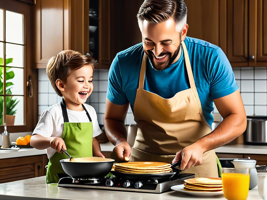 Папа и сын вместе готовят блинчики на кухне, смеются и веселятся, празднуя День отца
