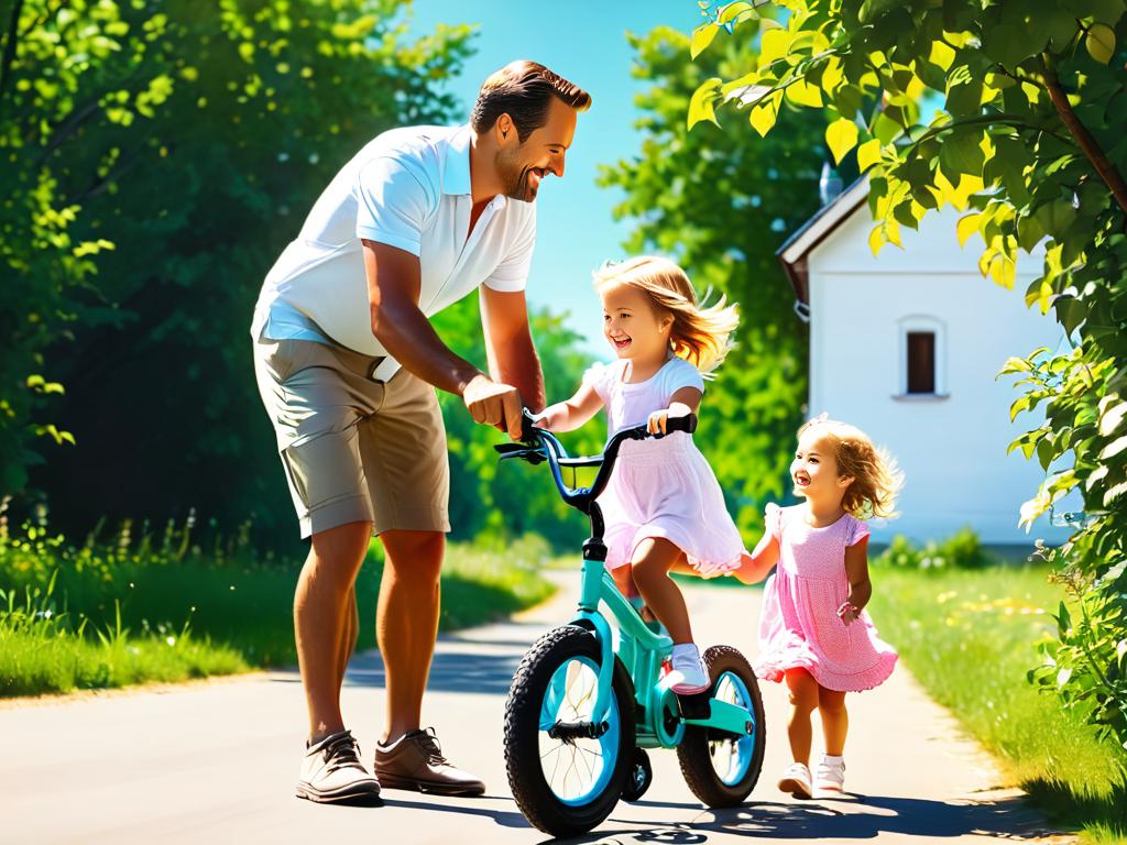 Папа играет со своей маленькой дочкой, учит ее кататься на велосипеде без поддерживающих колес в