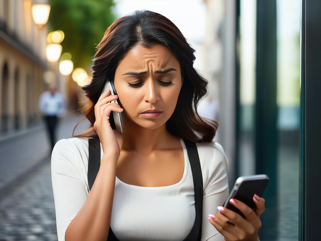 Женщина с обеспокоенным выражением лица читает сообщение на телефоне, испытывая чувство вины