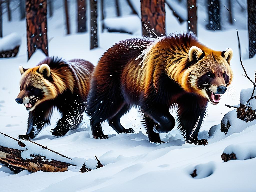 Фото росомах на охоте в снегу, нападающих на разных животных