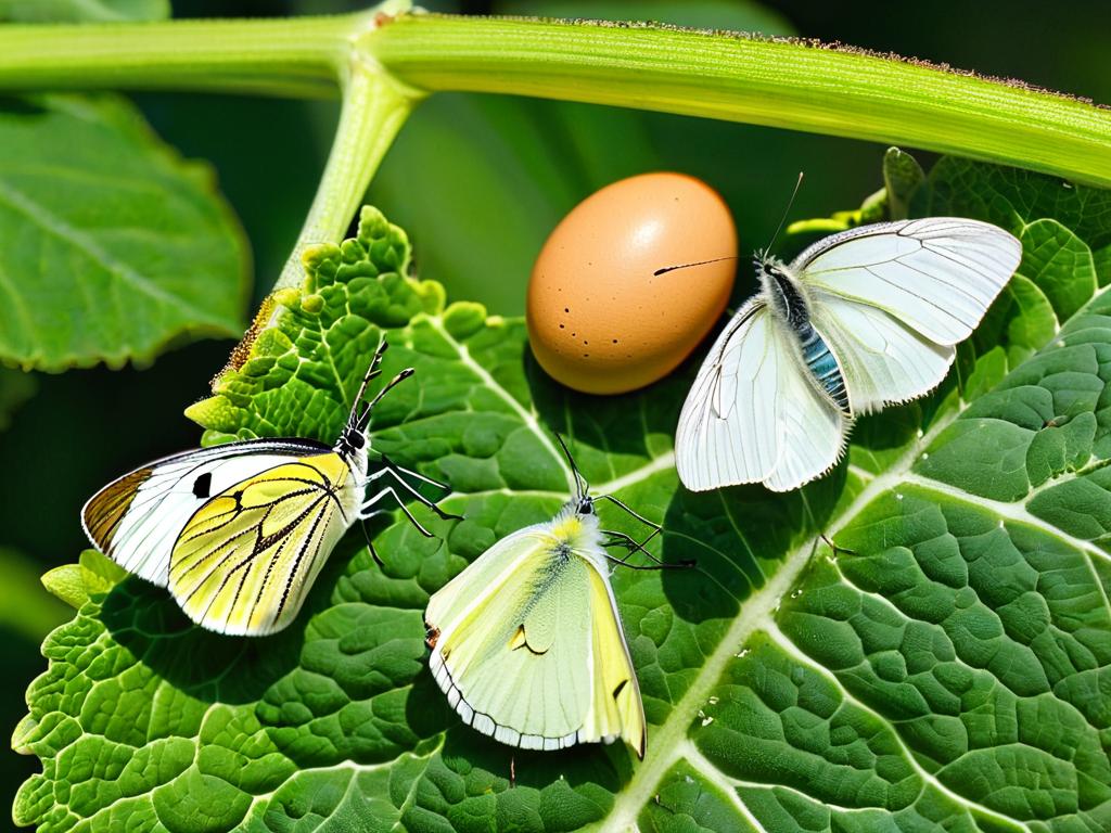 Этапы жизни капустной белянки - яйцо, гусеница, куколка, бабочка