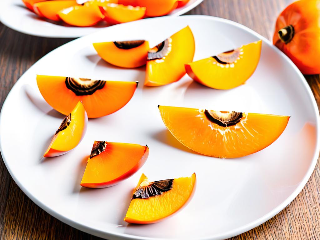 Ломтики оранжевой хурмы на белой тарелке