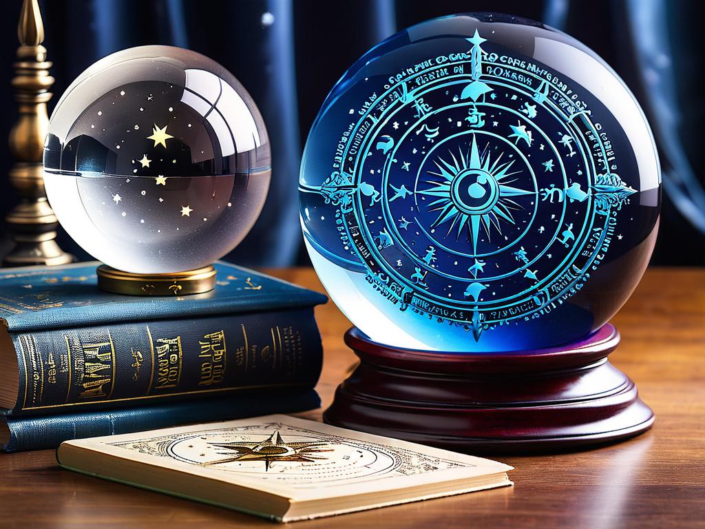 Астрологическая книга рядом с хрустальным шаром