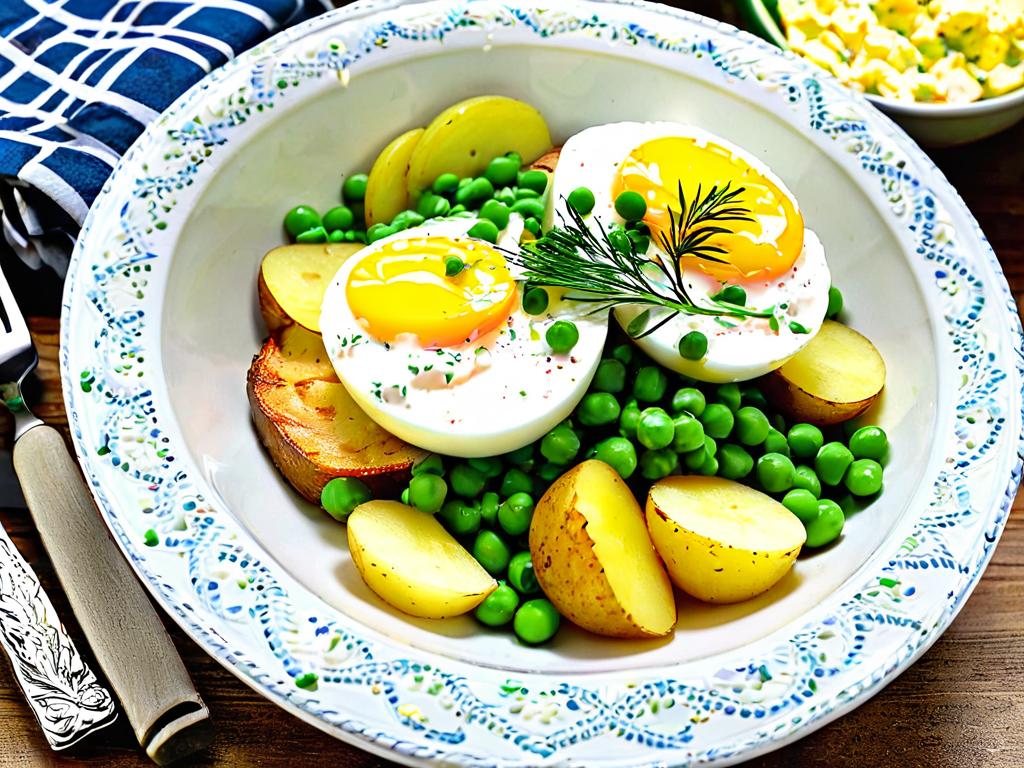 Фото готового рыбного салата с картошкой, горошком, яйцами и майонезом в миске