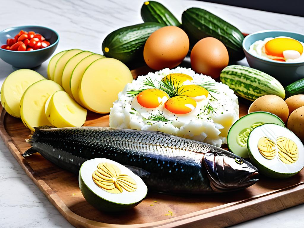 Основные ингредиенты – это рыба, яйца, картошка и огурцы