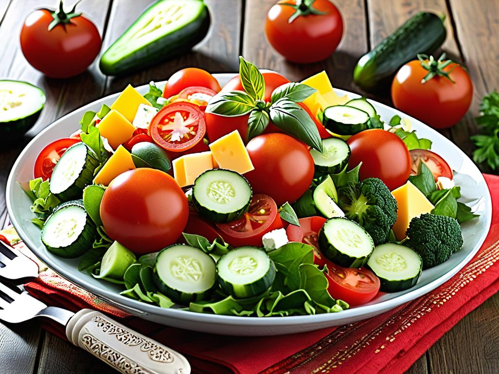 Предложение свежих овощей, таких как помидоры, огурцы, болгарский перец, морковь для салата с сыром