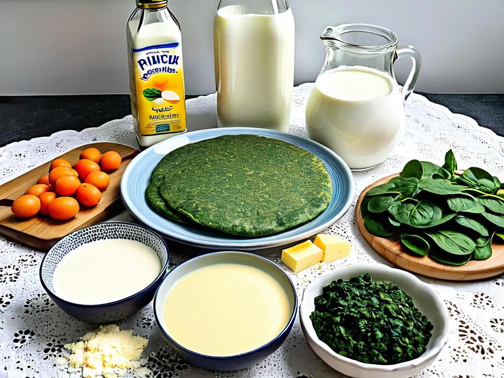 Фото ингредиентов для сырных блинов со шпинатом и зеленью