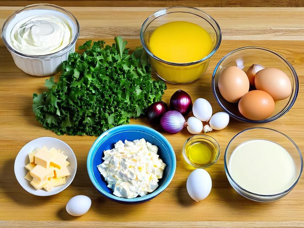 Ингредиенты для приготовления салата - курица, яйца, сыр, лук, майонез