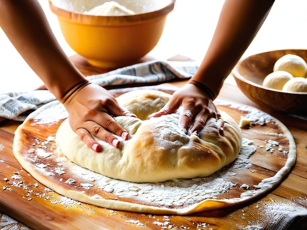 Руки женщины, месящие тесто для хачапури