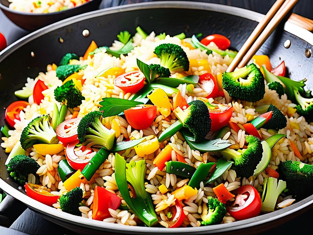 Жареный рис с овощами в воке