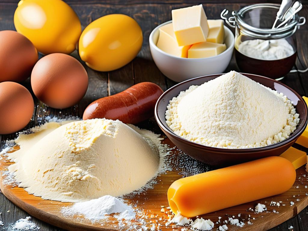 Ингредиенты для приготовления домашнего теста для пирожков с колбасой и сыром