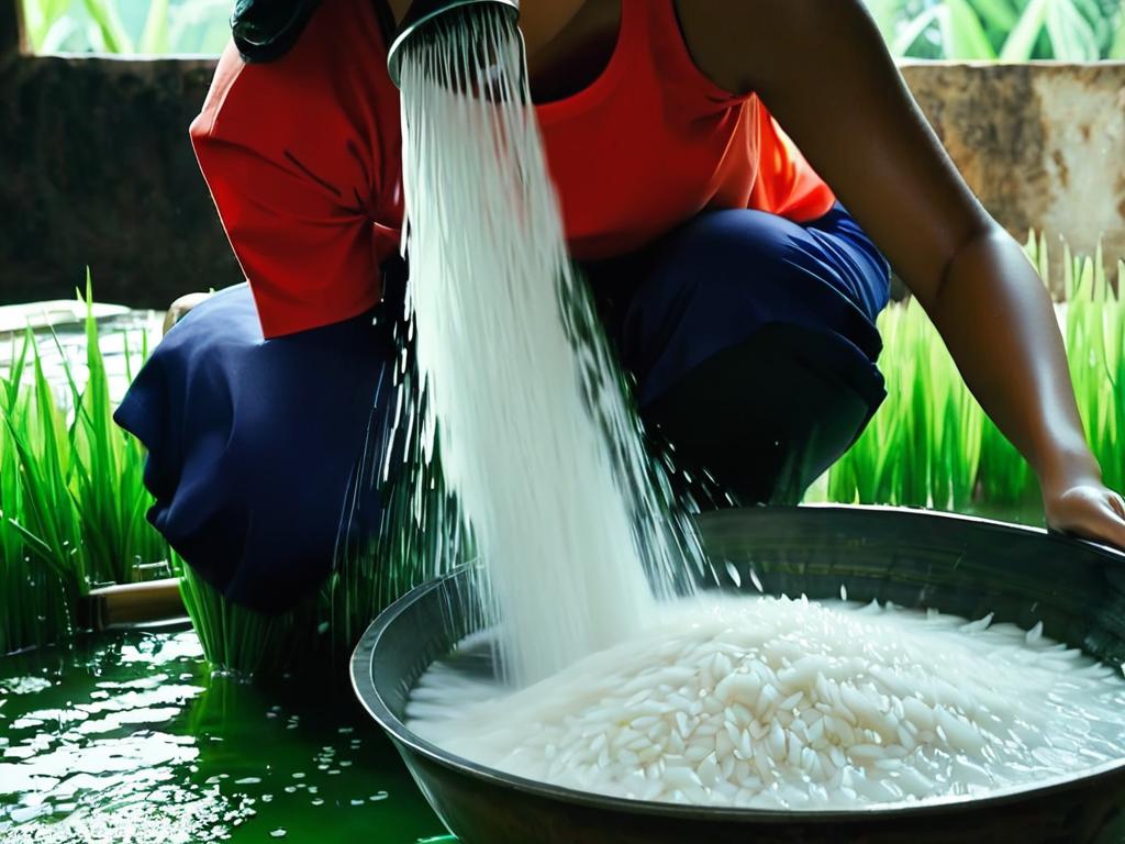 Женщина промывает рис в миске под проточной водой