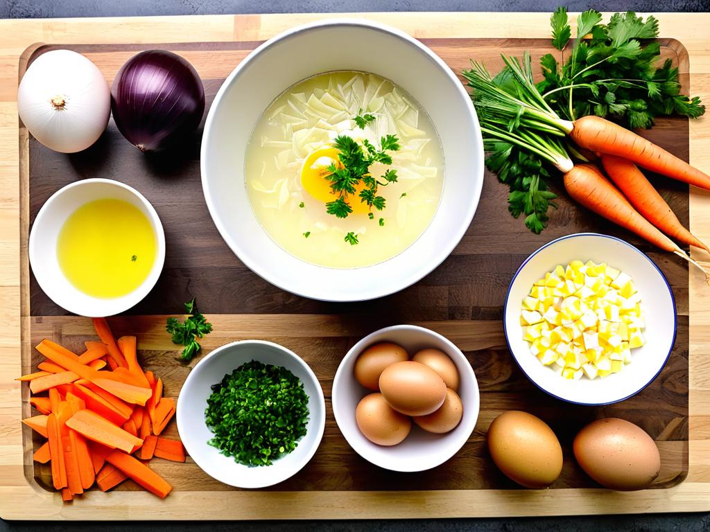 Ингредиенты для супа с яйцом и картошкой на разделочной доске
