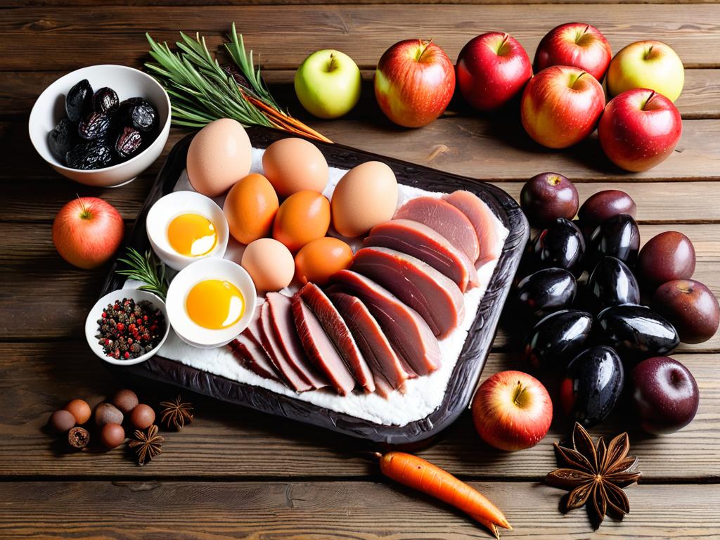 Подбор свежего мяса утки, яблок, чернослива, моркови, яиц и специй на деревянном столе