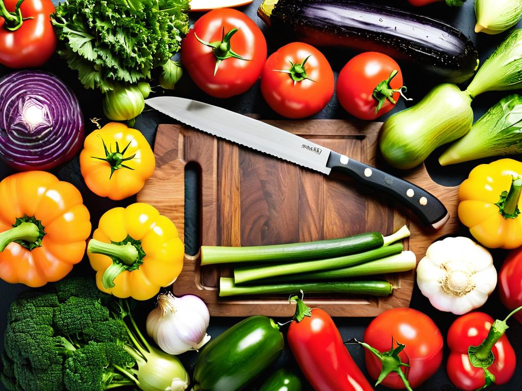 Разнообразные овощи, разложенные на доске для нарезки с ножом на заднем фоне
