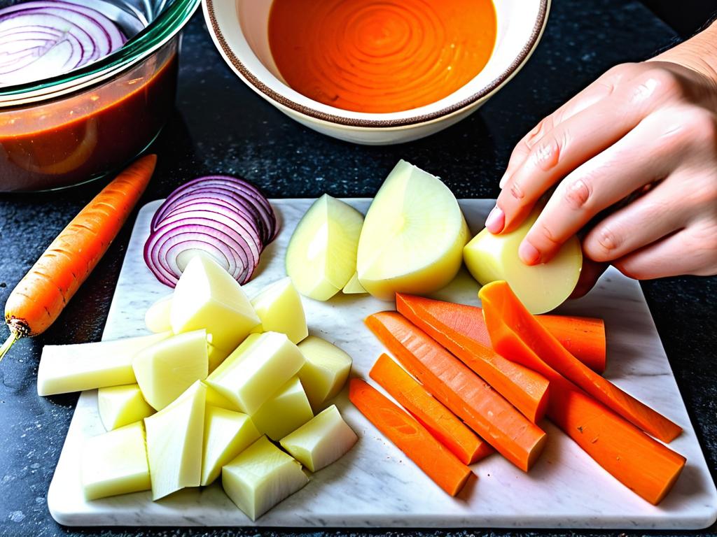 Нарезка моркови, лука и картофеля для домашнего мясного супа