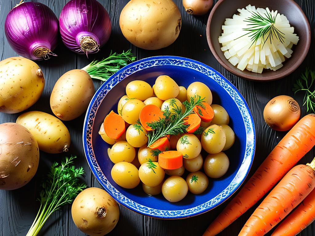 Основные продукты для тушеной картошки - это картофель, морковь, лук и растительное масло.