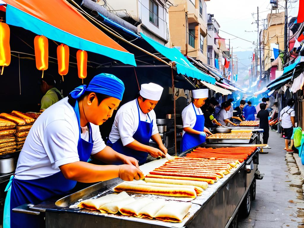 Приготовление сосиски в лаваше с морковью корейскими уличными продавцами еды