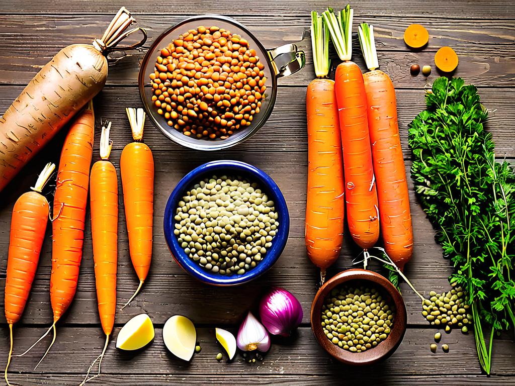 Ингредиенты для чечевичного супа: морковь, картофель, чечевица