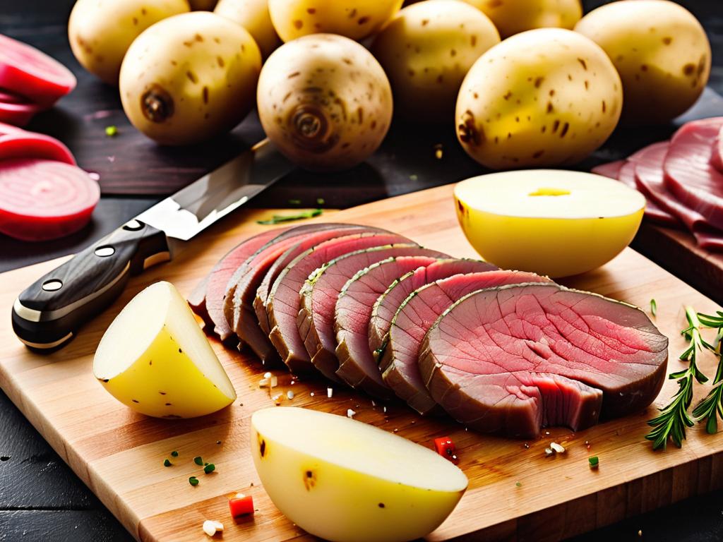 Фокус на сырые нарезанные картофель и говядину на разделочной доске с ножом
