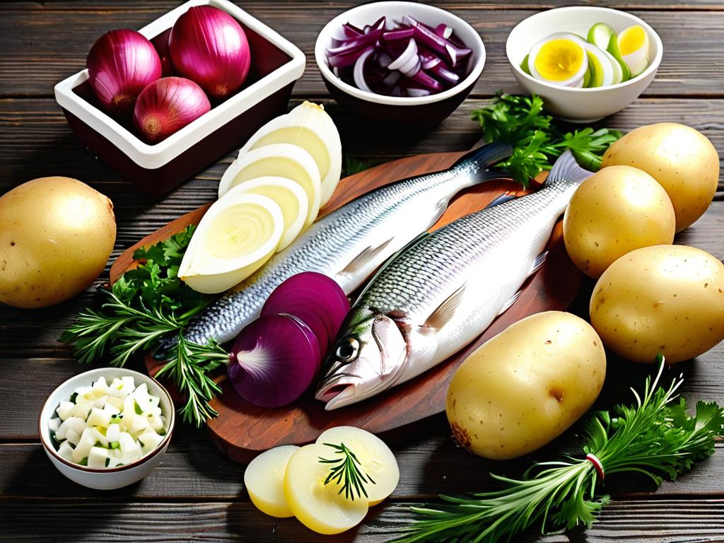 Подбор ингредиентов для приготовления салата, в том числе филе сельди, картофеля, лука, соленых