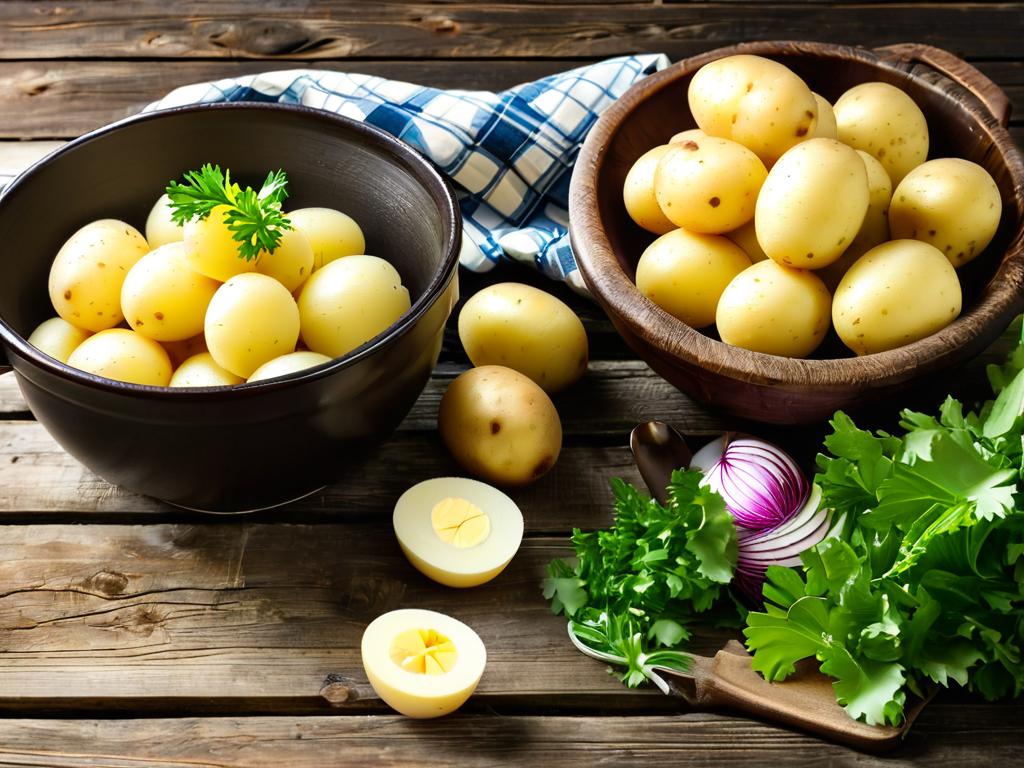Отварной картофель для салата в миске на фоне деревянной поверхности.