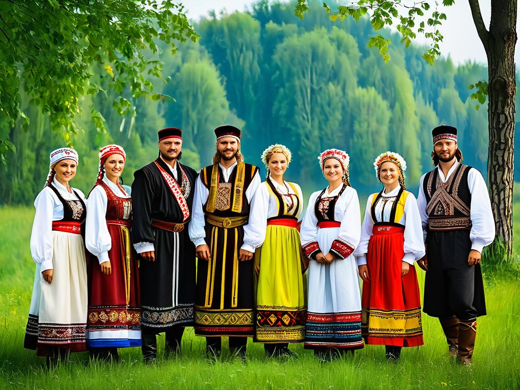 Люди в традиционных славянских костюмах, демонстрирующие разнообразие славянских фамилий