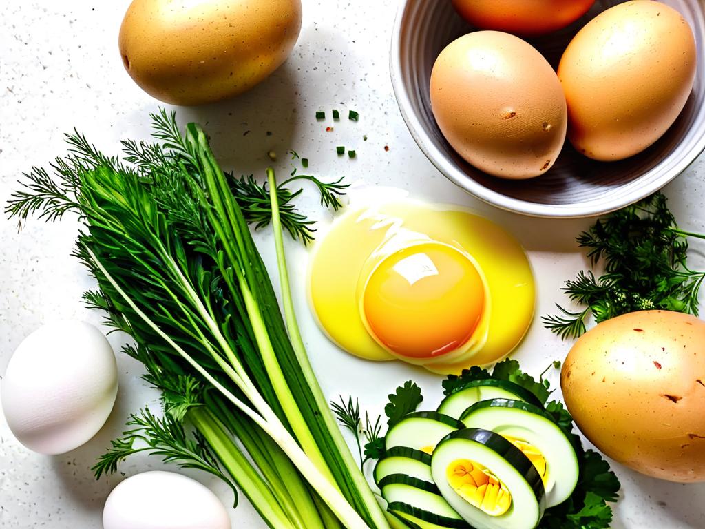 Ингредиенты для салата с картофелем и яйцом - картофель, яйца, огурцы, лук, укроп