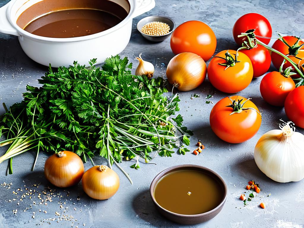 Ингредиенты для подливы - лук, морковь, томат, зелень