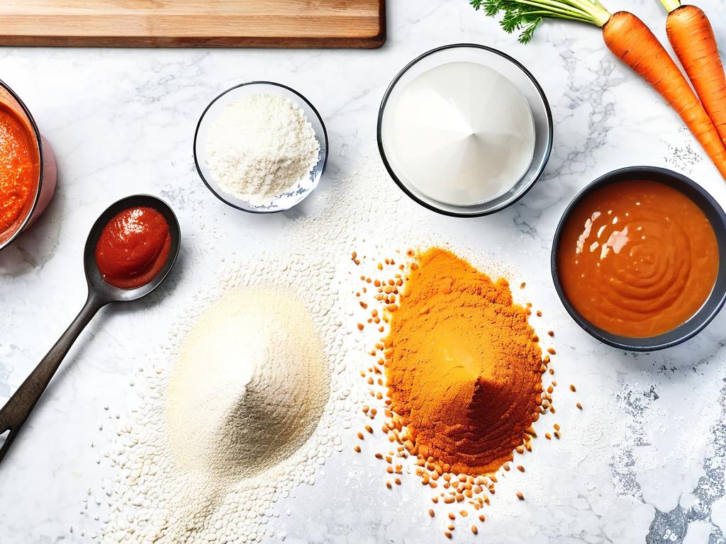Фото ингредиентов для подливы - морковь, лук, мука и вода на кухонной стойке