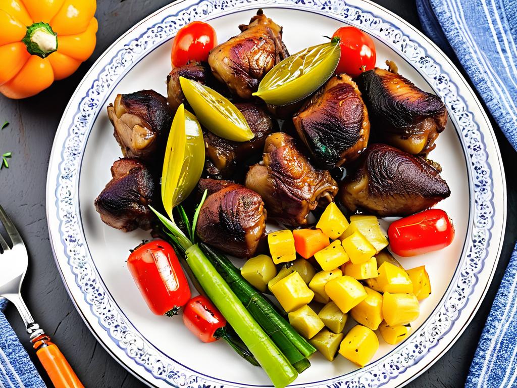 Поджаренные куриные желудки и овощи, расположенные на тарелке