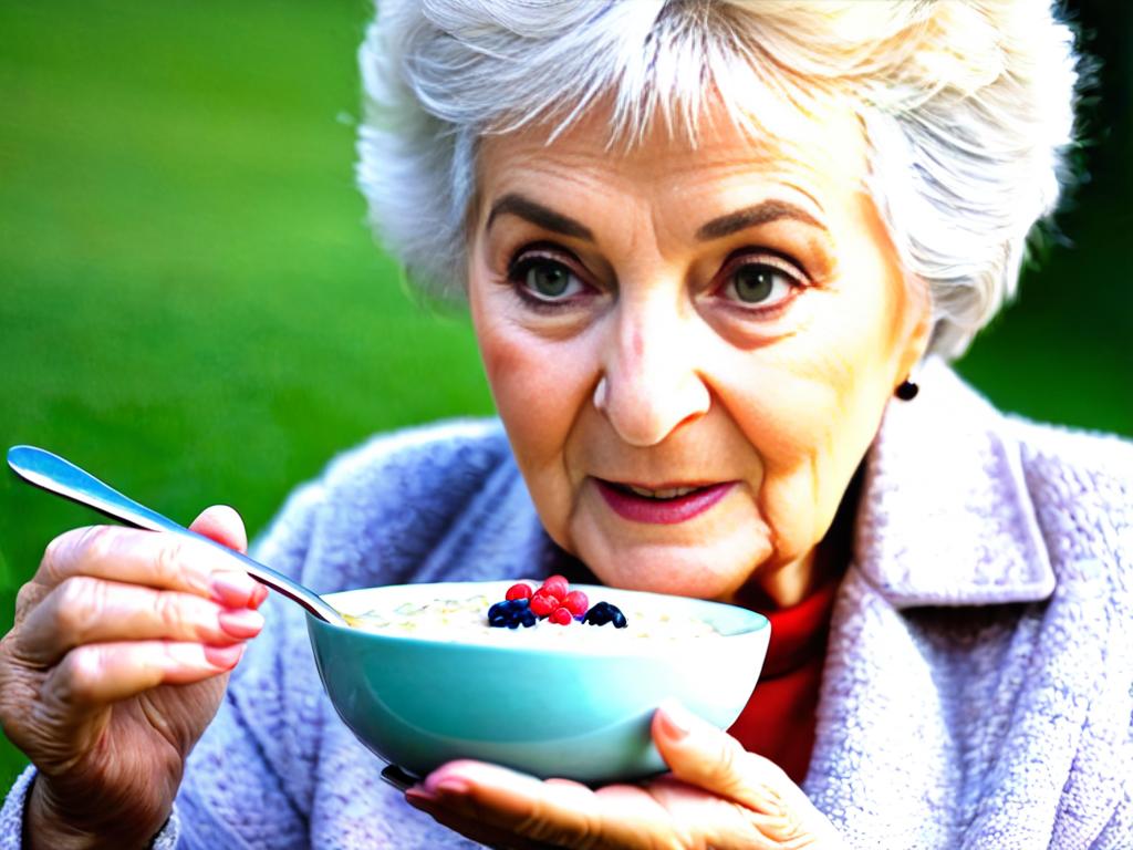 Крупный план пожилой женщины, едящей овсянку с молоком и ягодами