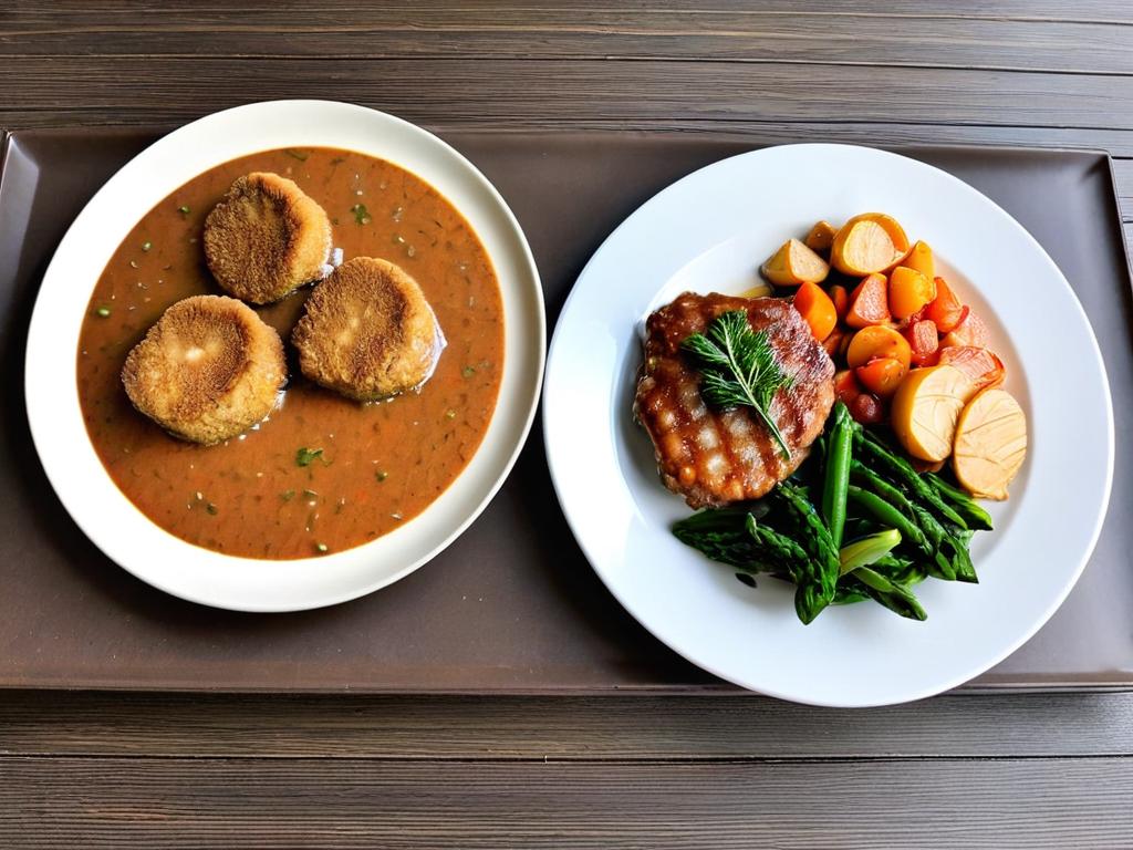 На фото две тарелки с разными котлетами и подливами. Слева куриные котлеты с овощной подливой.