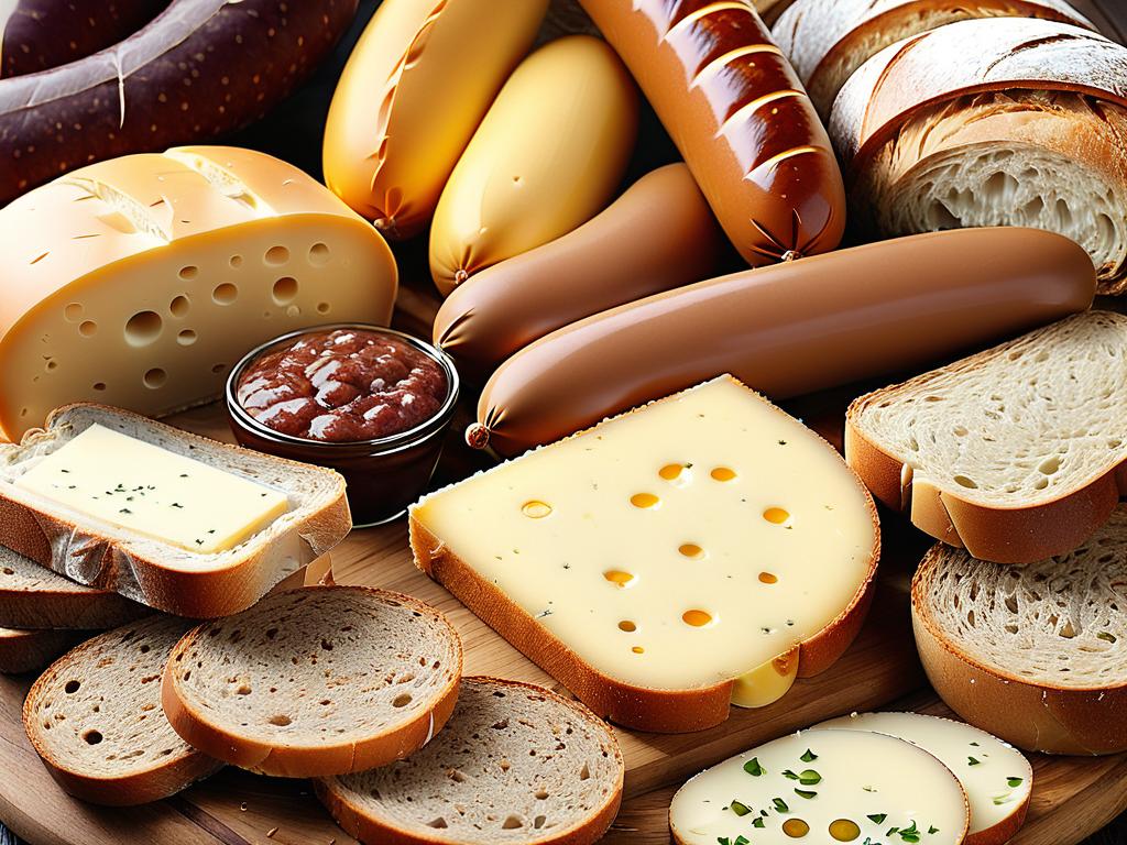 Виды колбас сыров и хлеба