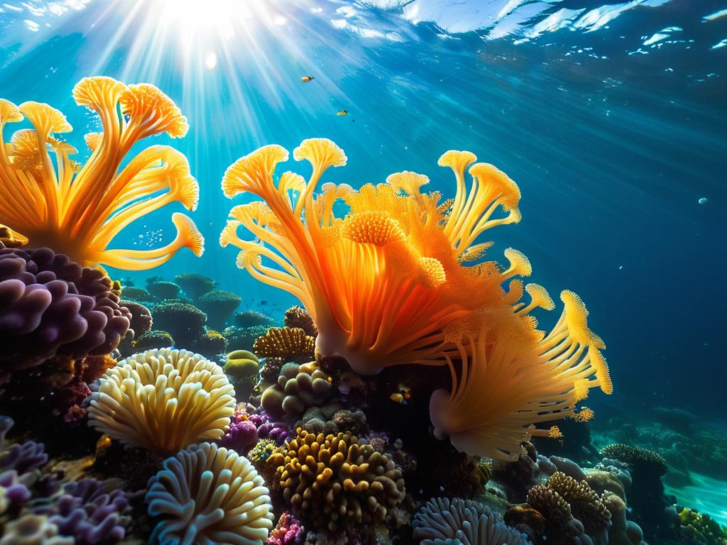 Крупный план щупалец кораллового полипа, ловящих частички пищи под водой на фоне солнечных лучей