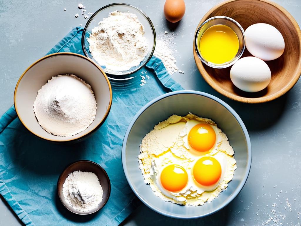 Миска с яйцами, мукой, сливочным маслом и разрыхлителем на кухонном столе