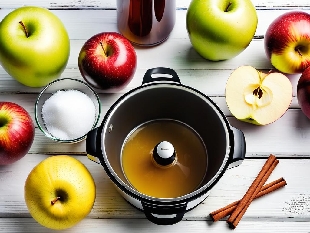На фото представлены основные ингредиенты для варки яблочного варенья в мультиварке: яблоки, сахар,