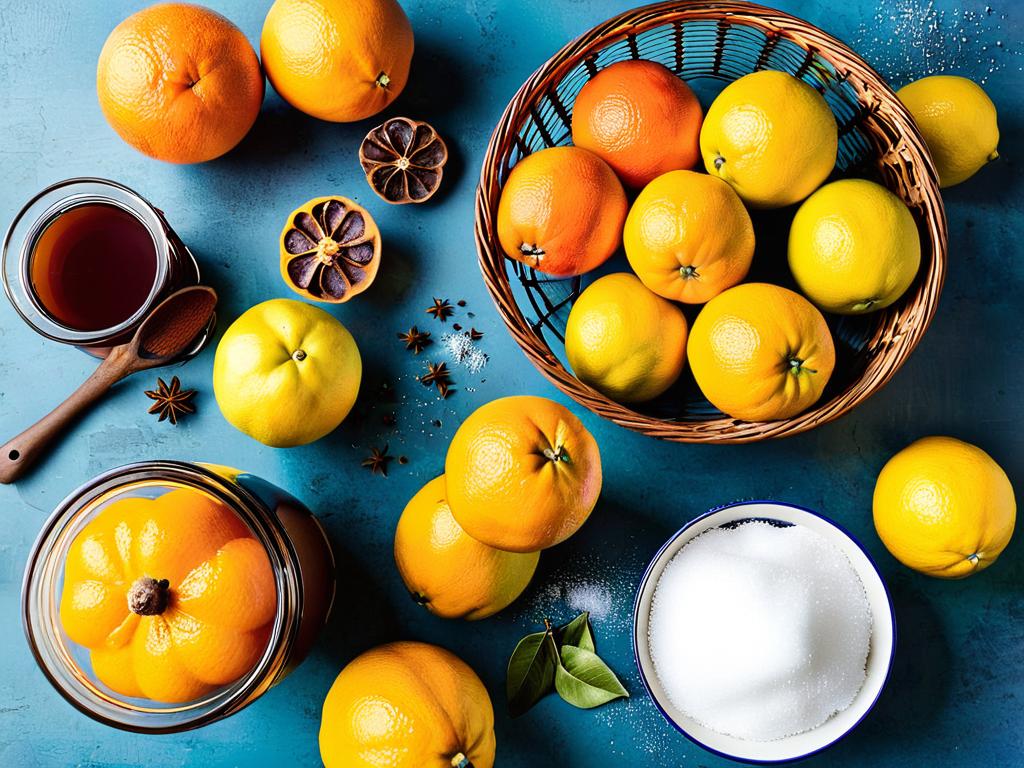 Ингредиенты для приготовления варенья - айва, апельсины, лимоны, сахар, специи