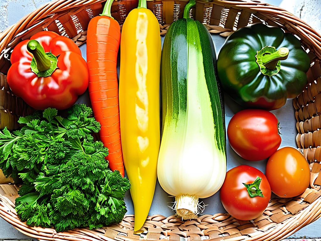 Фото разных овощей, используемых для приготовления рагу - перца, помидоров, моркови, картофеля,