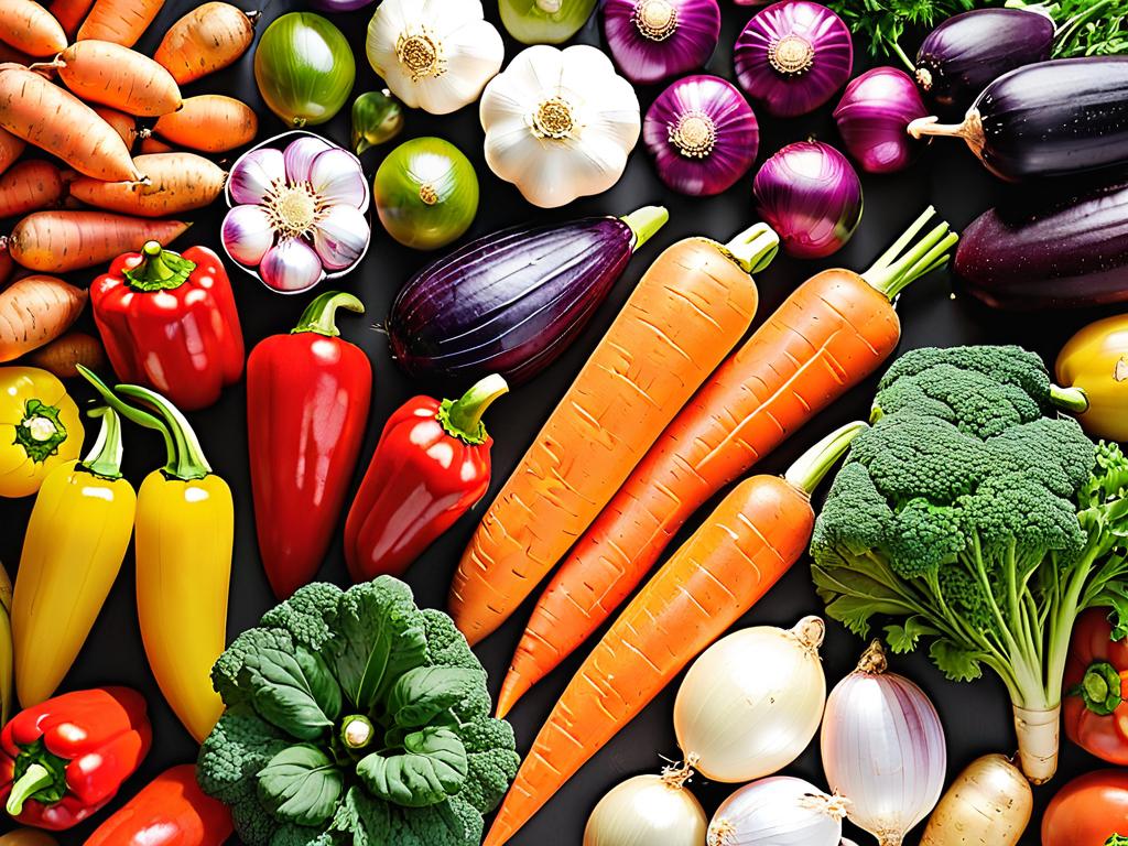 Разнообразные овощи: морковь, картофель, болгарский перец, баклажаны, лук, чеснок и т.д.