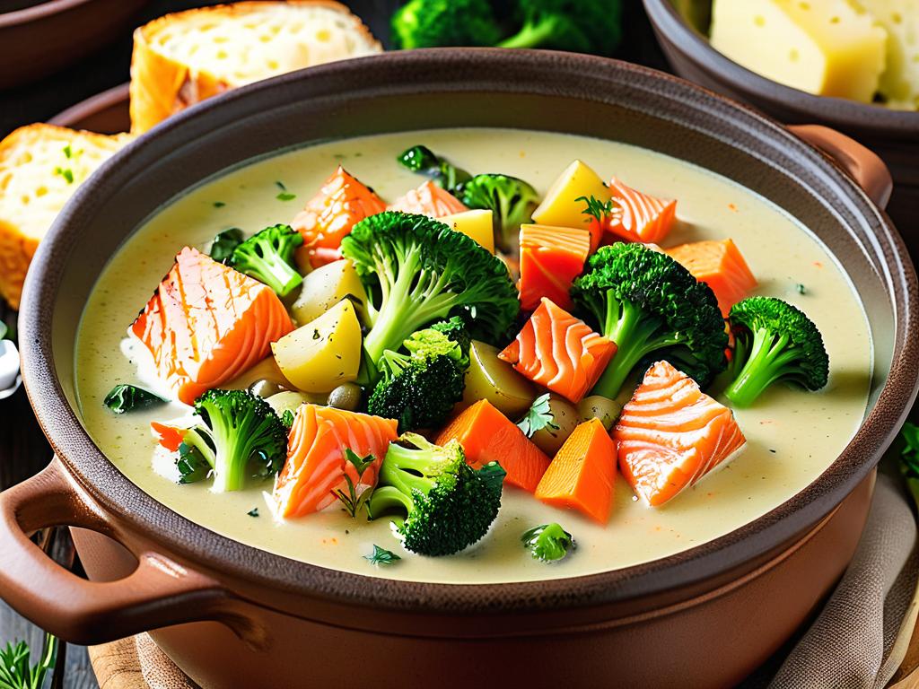 Кусочки лосося, брокколи, картофеля и моркови, приготовленные в сливочном супе в горшочке