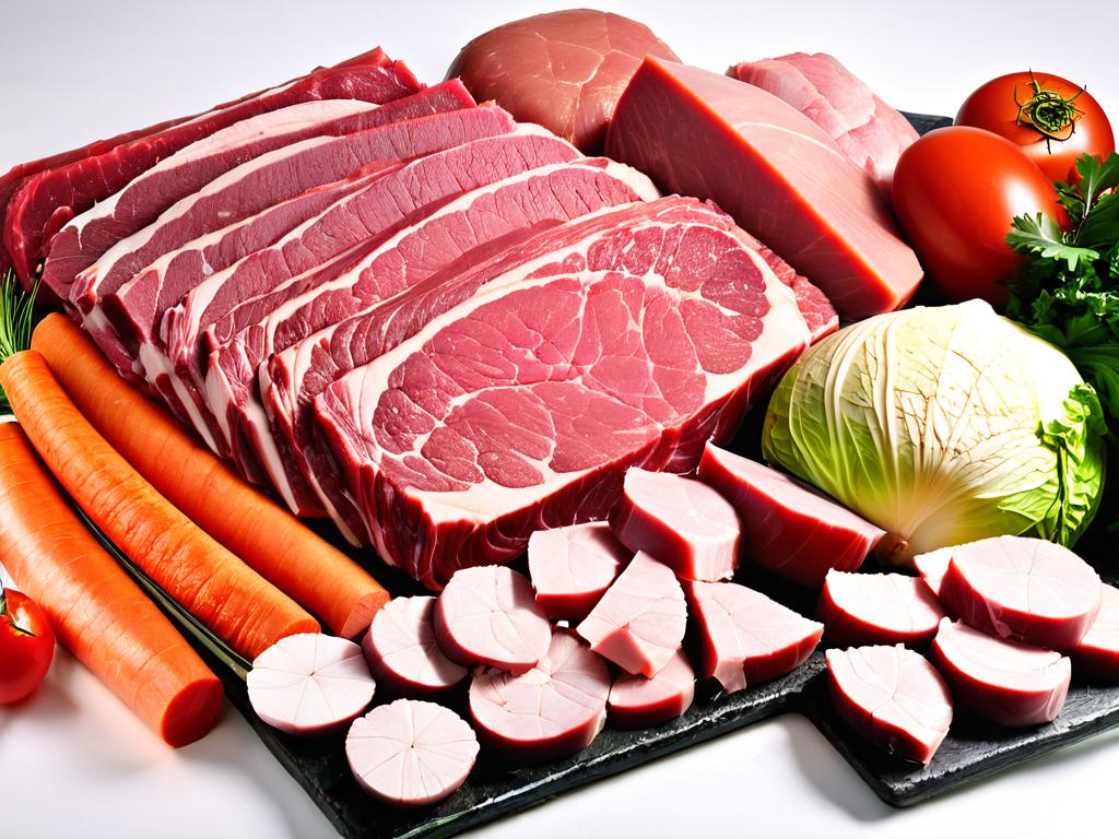 Сырое говяжье, свиное, куриное и индюшиное мясо для рагу с капустой