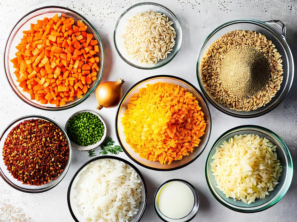 Ингредиенты для плова - рис, куриное мясо, морковь, лук и специи