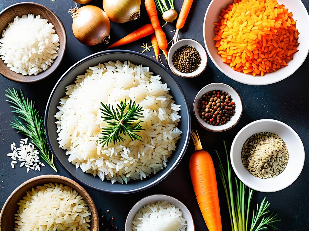 Ингредиенты для приготовления плова - рис, морковь, лук, специи