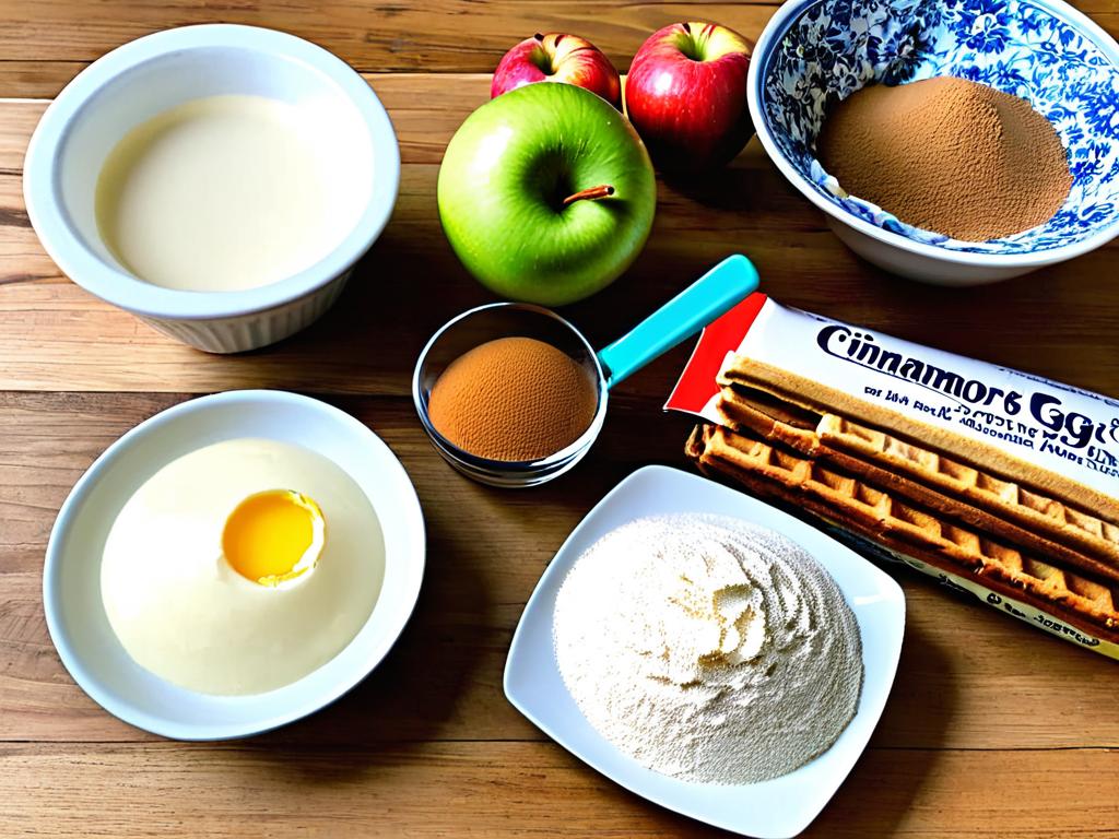 Ингредиенты для яблочных вафель - яйца, молоко, мука, сахар, яблоки, корица