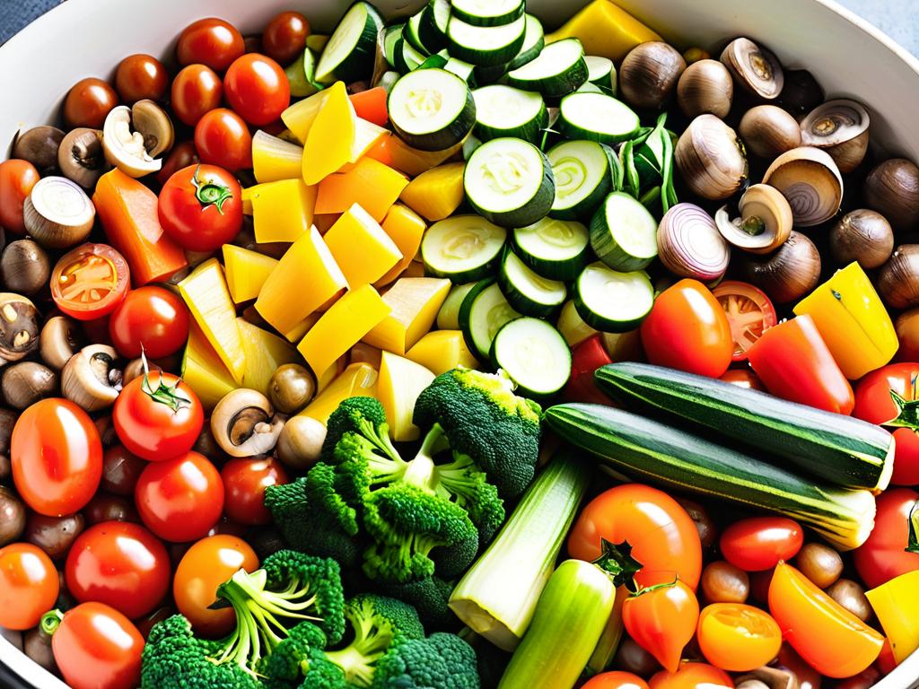 Разнообразные овощи для тушеной говядины - морковь, лук, помидоры, болгарский перец, грибы, кабачки