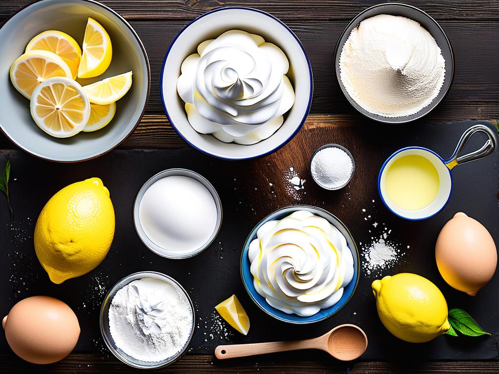 На фото представлены ингредиенты для приготовления белкового крема - яичные белки, сахар, лимонный