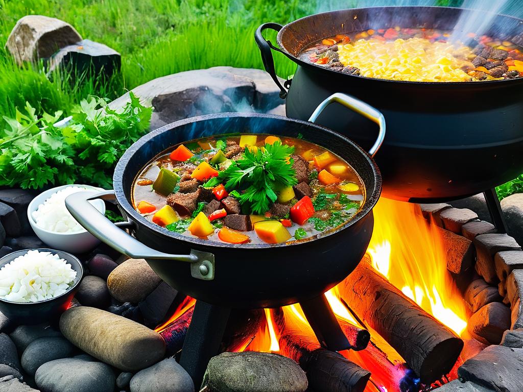 Фото грузинского супа харчо с говядиной и овощами, приготовленного в черном казане на огне