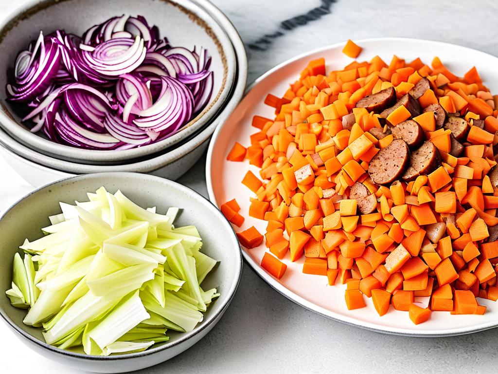 Фото нарезанной капусты, моркови, лука и колбасы для жареной капусты
